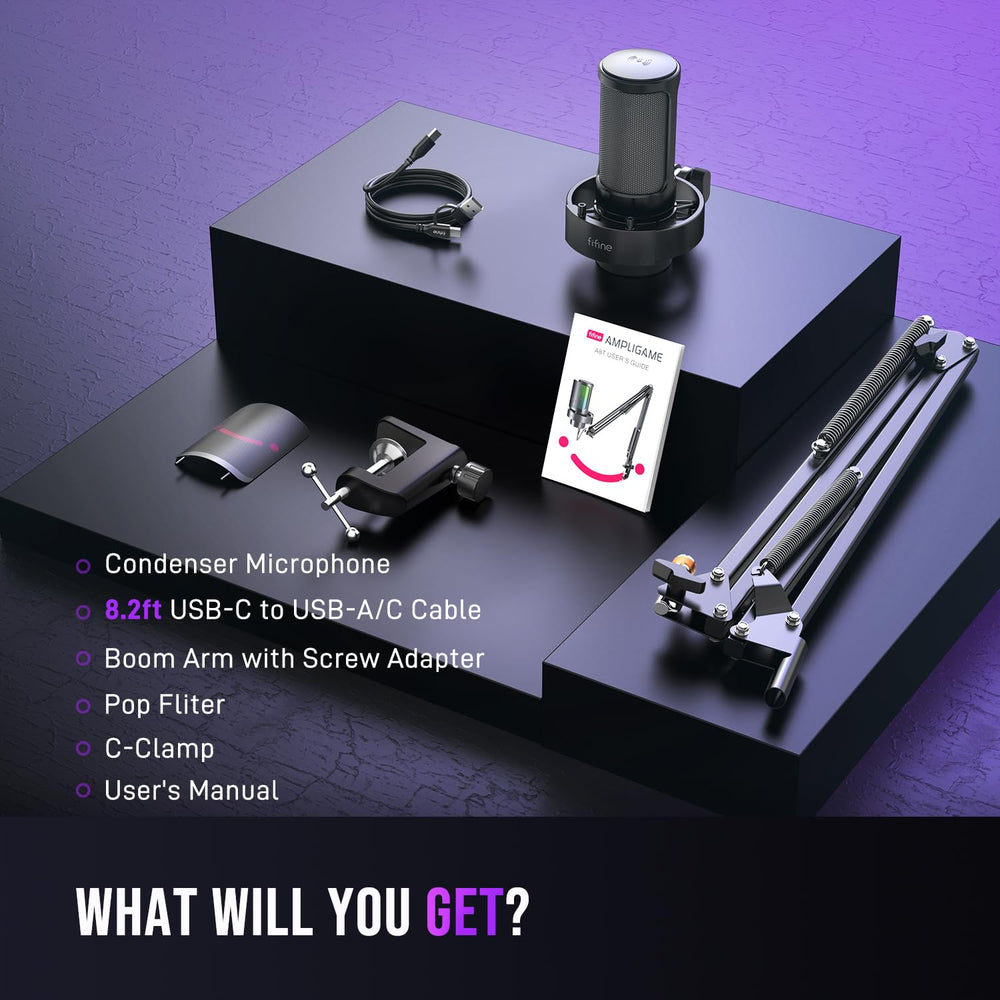 FIFINE USB Gaming Microphone Kit, PC Streaming Mic with RGB Lights, Mute, Gain Knob, Metal Boom Arm for Recording Podcast, Condenser Computer Microphone Set Compatible with PS4/PS5-AmpliGame A8T