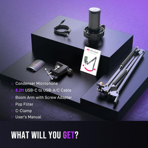 FIFINE USB Gaming Microphone Kit, PC Streaming Mic with RGB Lights, Mute, Gain Knob, Metal Boom Arm for Recording Podcast, Condenser Computer Microphone Set Compatible with PS4/PS5-AmpliGame A8T