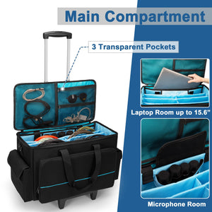 HODRANT Large Rolling DJ Cable Bag, Padded Gig Bag with Detachable Trolley & Divider, Music Gear Case with Multi Pockets for 15.6" Laptop, DJ Gear, Musical Instrument, Sound Equipment Storage