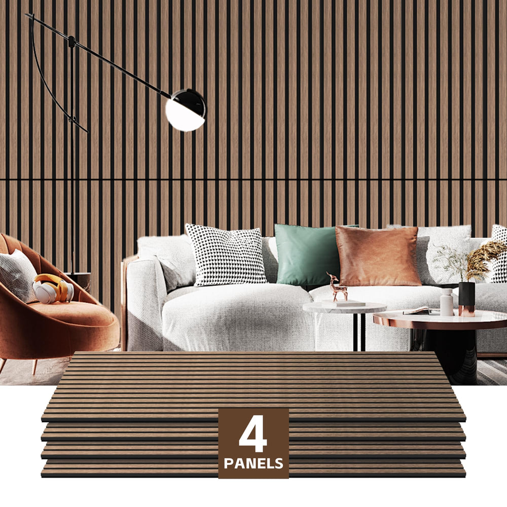 RITOLLO 4-Piece Wood Slat Acoustic Panels for Wall, 48"×24.5" Soundproof Panels, 3D Textured Panel for Interior Wall Decor - Natural Walnut