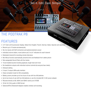 Zoom PodTrak P8 Multitrack Podcast Recorder + 2X Zoom ZDM-1 Podcast Mic + 2X Headphones + 2X Windscreens + 2X Tabletop Stands + 64GB Memory Card + 2X Boom Arms + Cables - Ultimate Podcasting Bundle