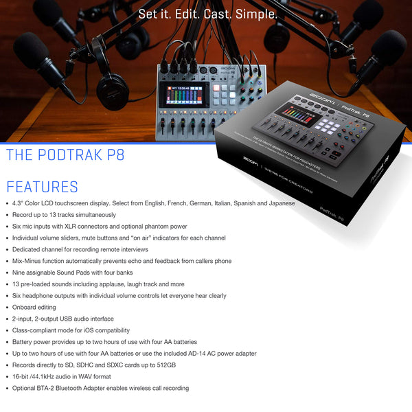 Zoom PodTrak P8 Multitrack Podcast Recorder + 2X Zoom ZDM-1 Podcast Mic + 2X Headphones + 2X Windscreens + 2X Tabletop Stands + 64GB Memory Card + 2X Boom Arms + Cables - Ultimate Podcasting Bundle