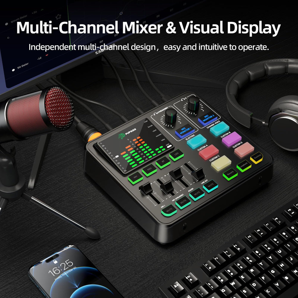Podcast Equipment Bundle, PUPGSIS Audio Mixer with XLR Dynamic Microphone, Pro-preamp, Bluetooth 5.3, All-in-One Gaming Equipment Set for Podcast Recording, Live Streaming, Video Vocals, PC, Phone, DJ