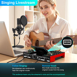 Podcast Microphone Bundle with Live Sound Card Audio Mixer, Podcast Equipment Bundle with 3.5mm Condenser Microphone for Pc/Phone Live Streaming Singing Gaming, Sound Board with Voice Changer, Denoise
