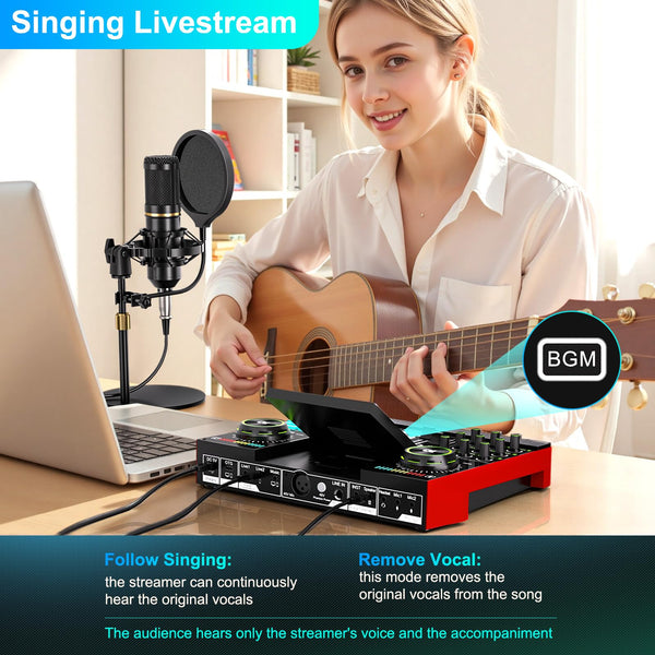 Podcast Microphone Bundle with Live Sound Card Audio Mixer, Podcast Equipment Bundle with 3.5mm Condenser Microphone for Pc/Phone Live Streaming Singing Gaming, Sound Board with Voice Changer, Denoise