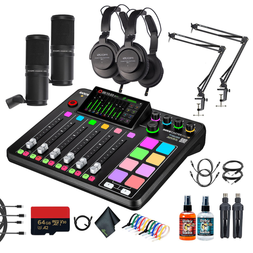 RODE RODECaster Pro II + 2x Headphones + 2x Podcast Microphone + 64GB Micro SD Memory Card + Mic Arm Stand + 10 Foot XLR + USB-C + 1/4 TRS + More (Bundle)