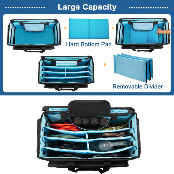 HODRANT Large Rolling DJ Cable Bag, Padded Gig Bag with Detachable Trolley & Divider, Music Gear Case with Multi Pockets for 15.6" Laptop, DJ Gear, Musical Instrument, Sound Equipment Storage