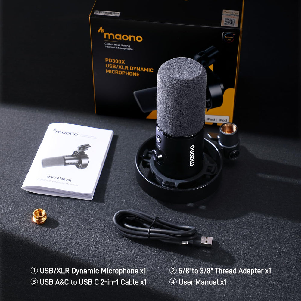 MAONO Dynamic Microphone-XLR USB Podcast Recording Mic: for Vocal Recording, Content Creation, Home Studio, Voiceover, with 192kHz/24bit, Noise Reduction, Mic Gain, Monitoring, Mute (PD300X)