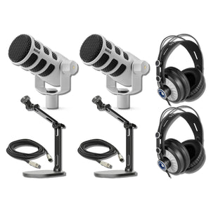 Rode PodMic Cardioid Dynamic Broadcast Microphone (White, Pair) with 2X DS2 Desktop Stand, 2X Monitoring Headphones and 2X XLR Cables