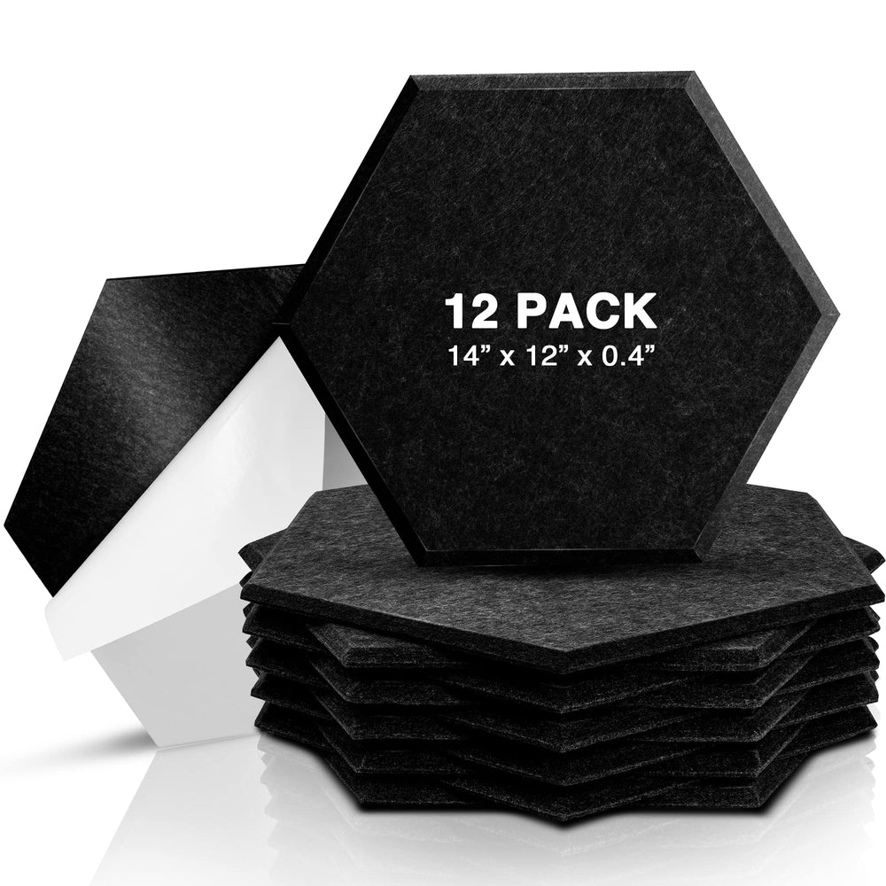 Sonic Acoustics Self-Adhesive 12 Pack Hexagon Acoustic Panels, 14" X 12" X 0.4" High Density Sound Absorbing Panels Sound Proof Insulation Beveled Edge Studio Treatment Tiles-Black