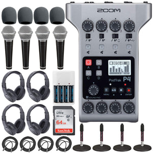 Zoom PodTrak P4 Portable Multitrack Podcast Recorder + 64GB SDXC Memory Card + 4X Dynamic Cardioid Handheld Mic + 4X Stereo Headphones + 4X Foam Windscreens + 4X Desk Mic Stand + Batteries & Charger