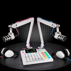 Rode PodMic Cardioid Dynamic Broadcast Microphone (White, Pair) with 2X DS2 Desktop Stand, 2X Monitoring Headphones and 2X XLR Cables