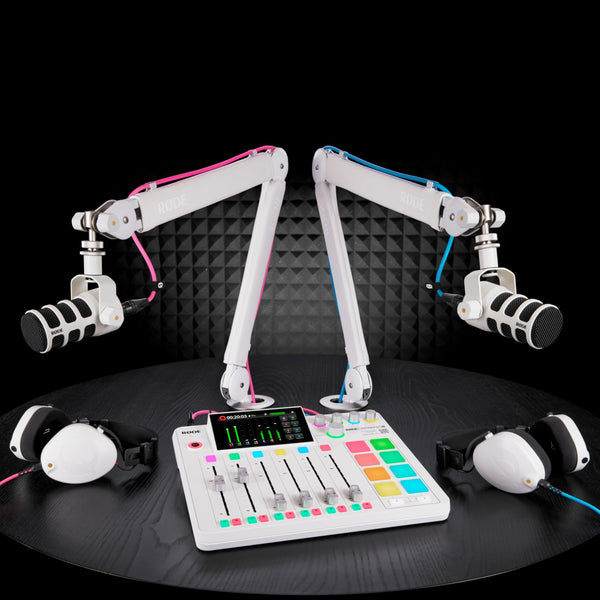 Rode PodMic Cardioid Dynamic Broadcast Microphone (White, Pair) with 2X DS2 Desktop Stand, 2X Monitoring Headphones and 2X XLR Cables