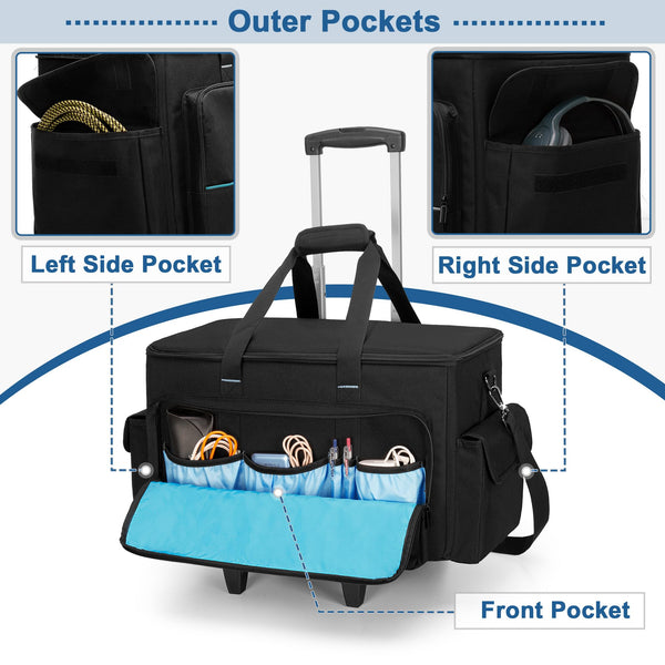 HODRANT Large Rolling DJ Cable Bag, Padded Gig Bag with Detachable Trolley & Divider, Music Gear Case with Multi Pockets for 15.6" Laptop, DJ Gear, Musical Instrument, Sound Equipment Storage
