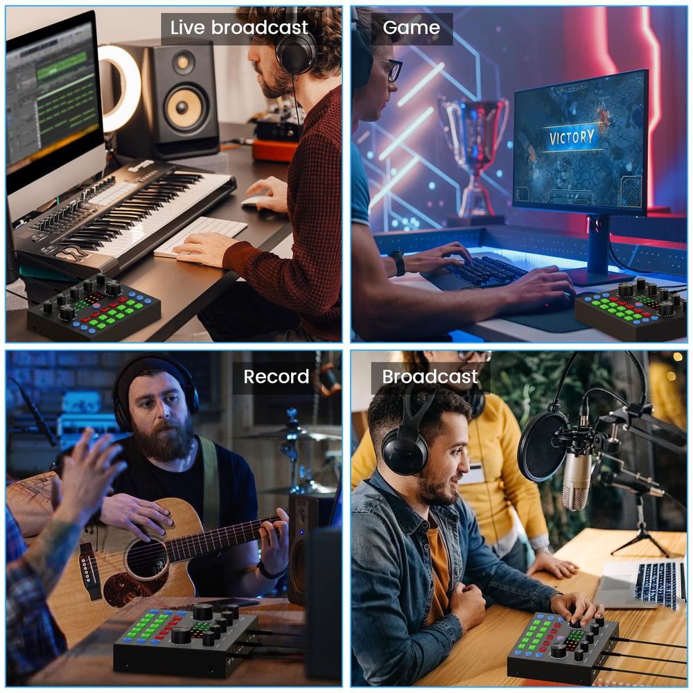 Brvomussy Podcast Equipment Bundle for 2, Audio Interface with Voice Changer Condenser Microphones for Gamer, All-in-One Audio Mixer Perfect for Live Streaming, Singing, YouTube, Gaming