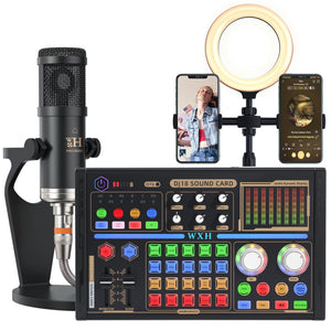 POWERFUEL Podcast Equipment Bundle DJ18 Live Sound Card with 4 Voice Changer, BM-800 Mircophone & Fill Light Recording Studio Kit for PC/Smartphone Podcasting, Gaming, Singing, Streaming