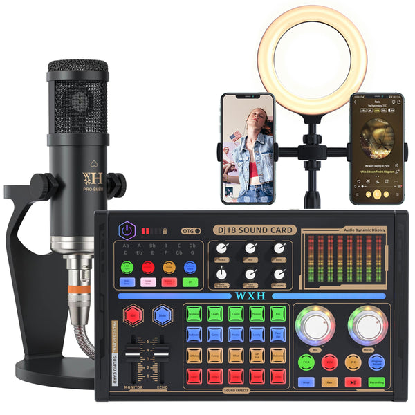 POWERFUEL Podcast Equipment Bundle DJ18 Live Sound Card with 4 Voice Changer, BM-800 Mircophone & Fill Light Recording Studio Kit for PC/Smartphone Podcasting, Gaming, Singing, Streaming