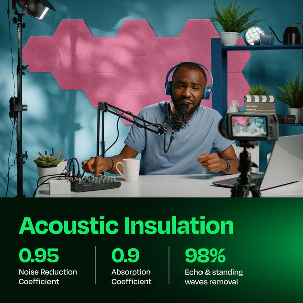 Ekkogo Acoustic Panels 12-Pack Soundproof Wall Panels 12"X10.4"X0.4" Sound Panels High Density Sound Dampening Panels - [Chic Pink Hexagon]