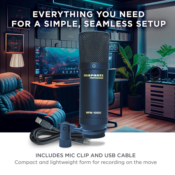 Marantz Professional MPM-1000U USB Condenser Microphone for Gaming, Streaming and Podcasting - Built-In Audio Interface, Desktop Stand, Plug-and-Play, Black