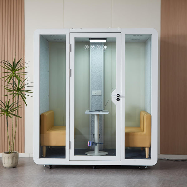 GEARONIC Mobile Office Pod Booth, Standard Sound Proof Office Pod for 2 People, Sound Pod Booth with Mobile Roller, LED Lighting System,Fans and AC USB Ports