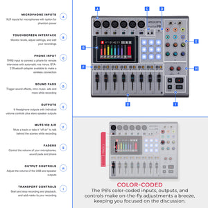 Zoom PodTrak P8 Multitrack Podcast Recorder + 2X Zoom ZDM-1 Podcast Mic + 2X Headphones + 2X Windscreens + 2X Tabletop Stands + 64GB Memory Card + 2X Boom Arms + Cables - Ultimate Podcasting Bundle