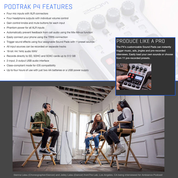 Zoom PodTrak P4 Portable Multitrack Podcast Recorder + 64GB SDXC Memory Card + 4X Dynamic Cardioid Handheld Mic + 4X Stereo Headphones + 4X Foam Windscreens + 4X Desk Mic Stand + Batteries & Charger