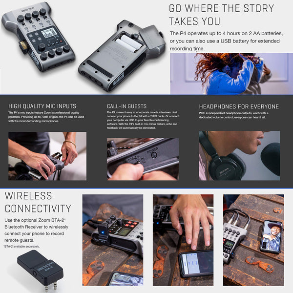 Zoom PodTrak P4 Portable Multitrack Podcast Recorder + 64GB SDXC Memory Card + 4X Dynamic Cardioid Handheld Mic + 4X Stereo Headphones + 4X Foam Windscreens + 4X Desk Mic Stand + Batteries & Charger