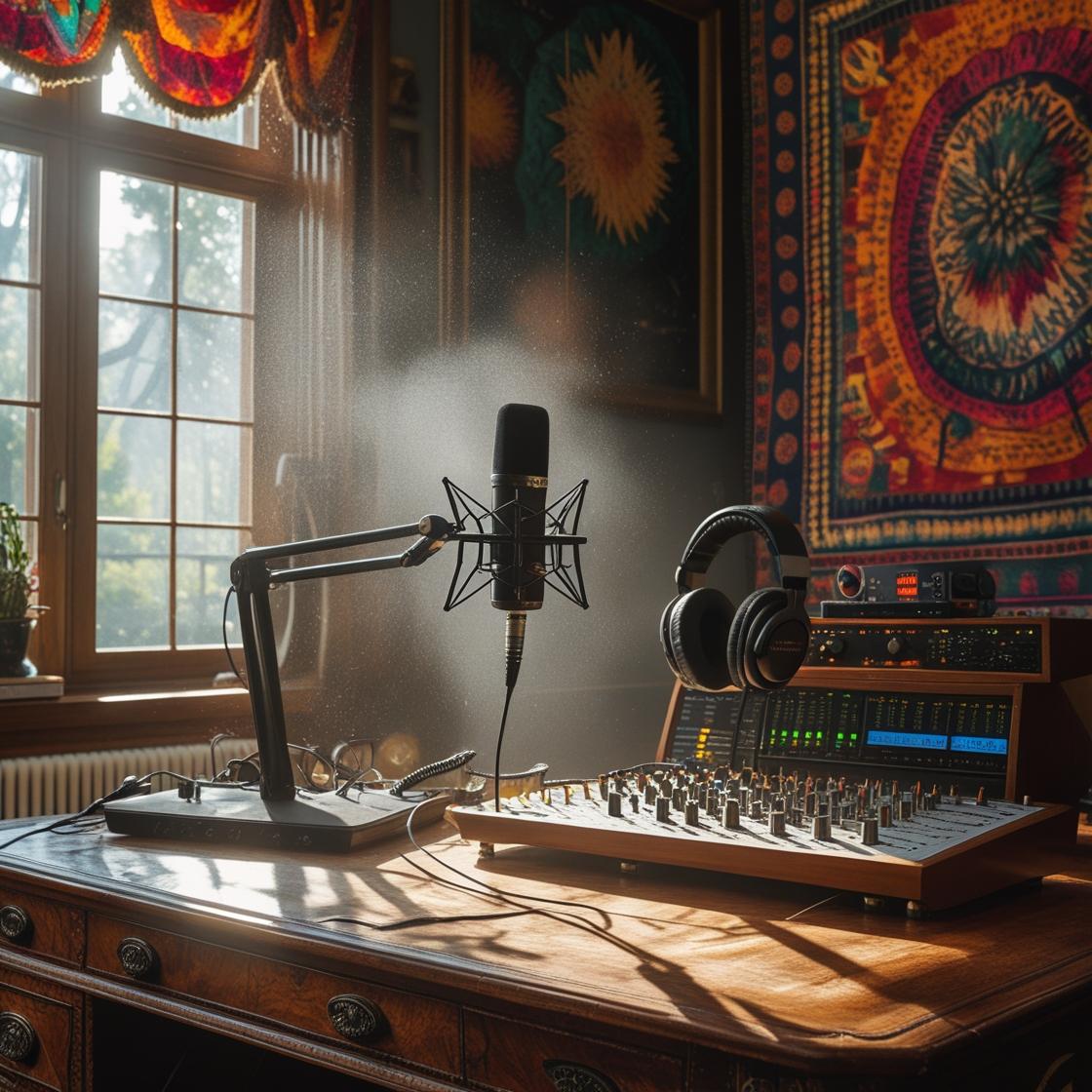 Studio setup with microphone, headphones, and soundboard for podcasters and content creators