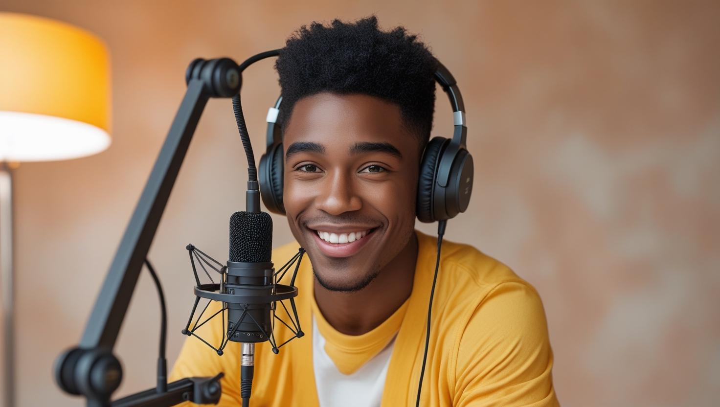 Man wearing headphones and smiling in front of a microphone for content creating as podcast