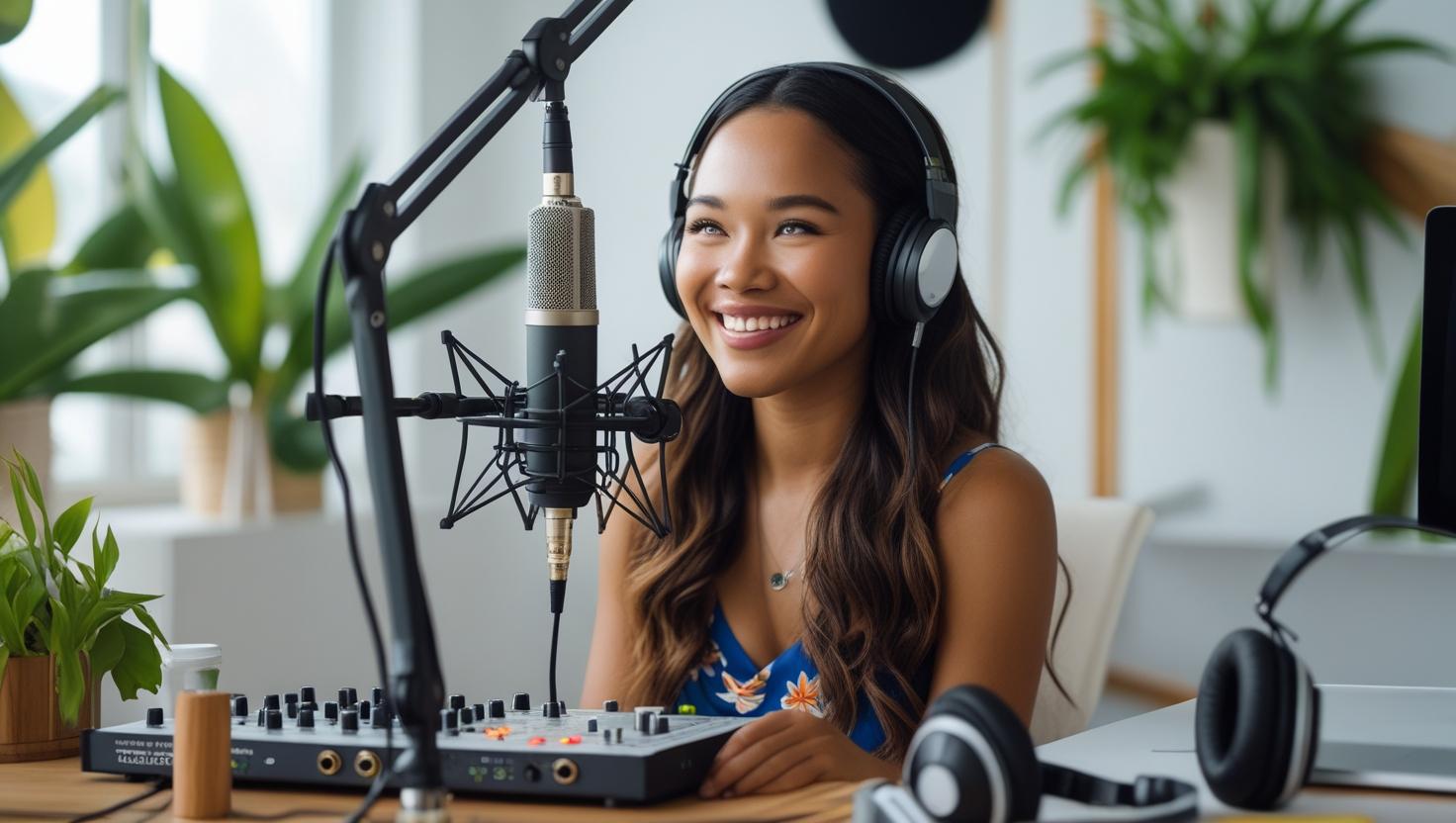 Woman with headphones sitting in front of a microphone and audio equipment in a home podcasting studio.