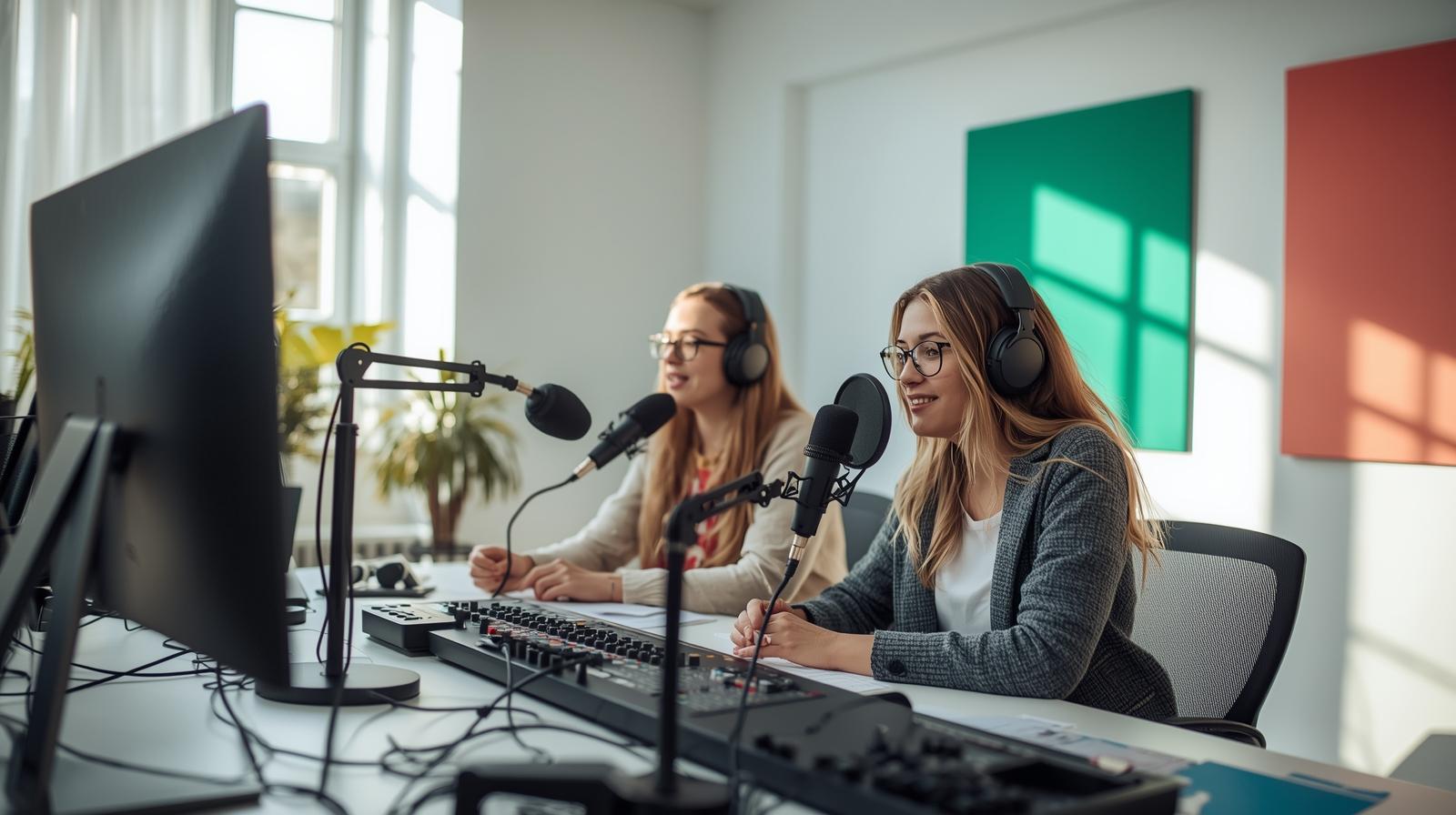 two women in office creating a podcast with podcasting gear